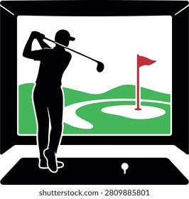 Golfer using indoor golf simulator icon for virtual training vector illustration