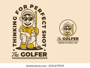 The golfer, waiting for perfect shot. Retro character of golfer man holding a golf stick, illustration design