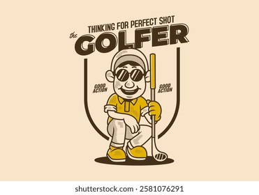 The golfer, waiting for perfect shot. Retro character of golfer man holding a golf stick, illustration design bright background