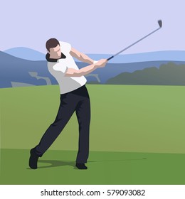Golfer wearing white shirt and dark trousers hits ball on golf course, abstract vector illustration