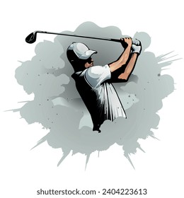 Golfer in a white uniform emerging from a gust of smoke. vector illustration