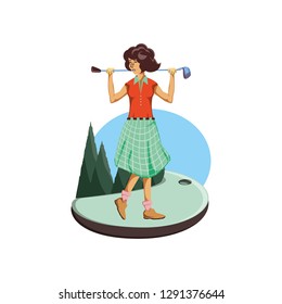 golfer woman with field and stick golf