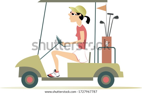 Golfer\
woman in the golf cart illustration. Pretty young woman is going to\
play golf in the golf cart isolated on\
white\
