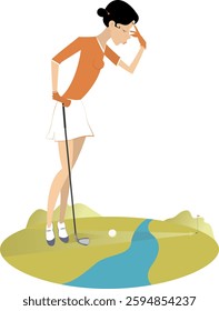 Golfer woman has problem on the golf course. Problems to do a good shot. Golfer is thinking how to overcome a water hazard	