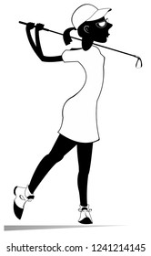 Golfer woman on the golf course isolated illustration. Golfer woman aiming to do a good kick black on white
