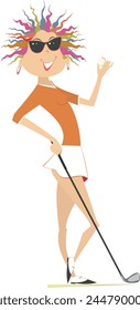 Golfer woman on the golf course. 
Golf course. Pretty young golfer woman with a golf club holds a golf ball. Isolated on white background
