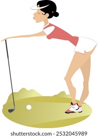 Golfer woman on the golf course. 
Golf course. Young golfer woman aiming to do a good shot
