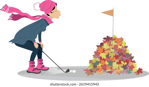 Golfer woman and problem to make a shot on the golf course. Autumn. And of golf season. Big pile of leaves above the golf hole disturbs golfer woman to do a good shot