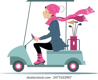 Golfer woman rides the golf cart.
Cold weather. Young golfer woman in the hat and scarf going to play golf in the golf cart. White background
