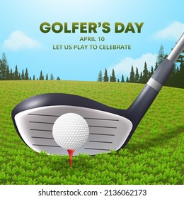 Golfers day design with a golf stick and ball ready to swing