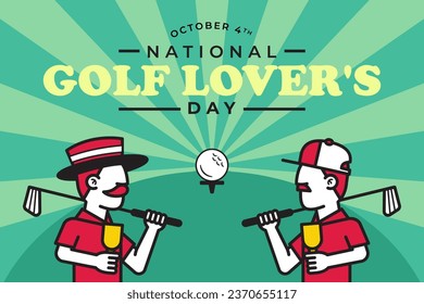 Golfers fight for a trophy with a green field background. National Golf Lover's day October 4