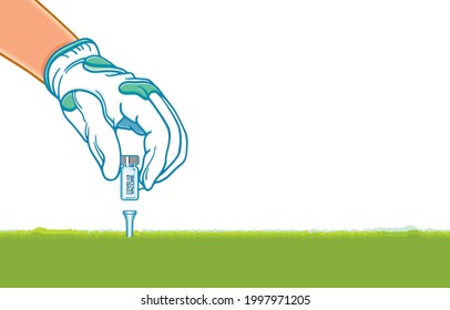 Golfer's hand putting golf ball, COVID-19 vaccine bottle, Coronavirus Vaccination, Sport funny, Healthy of life  safety, During coronavirus pandemic Concept. Illustration, Art, Vector on background.