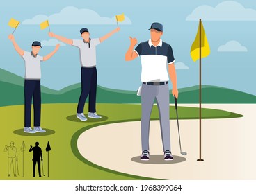 Golfers Happy winner to play golf with golf clubs on green grass, cartoon , silhouettes, bundle vector illustration. character in different position.