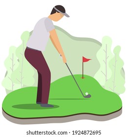 Golfers man play golf on the course. Outdoor hobbies and exercise
