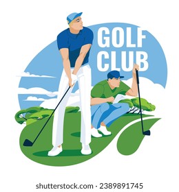 Golfers on the green. Sports competitions, hobbies and studies. Vector flat illustration