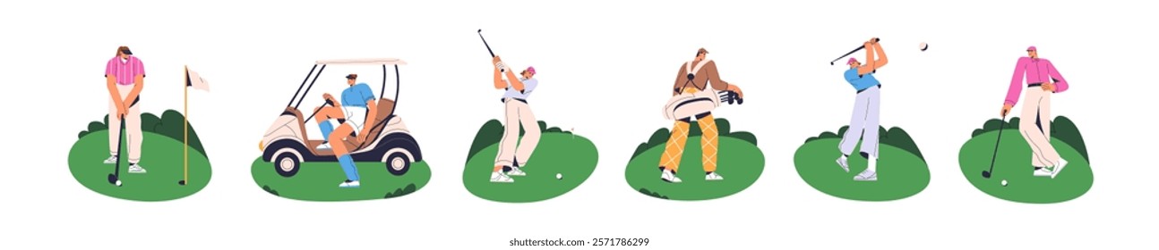 Golfers play set. Professional golf players swinging to hit ball with putter into hole. Sports people putt golfball, drive cart on grass lawn. Flat isolated vector illustrations on white background