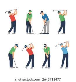 Golfers playing golf in different poses set
