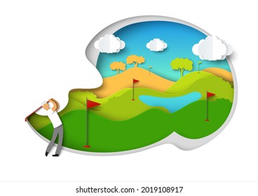 Golfing. Golfer swinging golf club, vector illustration in paper art style. Man playing golf sport game.