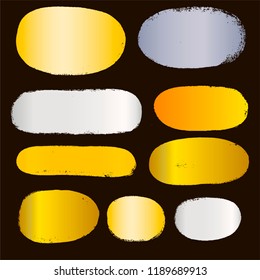  golg brush strokes set backgrounds. golden and silver spots grunge collection. Set of black grungy hand painted brush strokes isolated on white. Abstract ink texture, design elements.