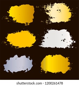  golg brush strokes set backgrounds. golden and silver spots grunge collection. Set of black grungy hand painted brush strokes isolated on white. Abstract ink texture, design elements.