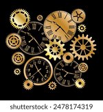 Golg metal clocks and gears and mechanisms on black background