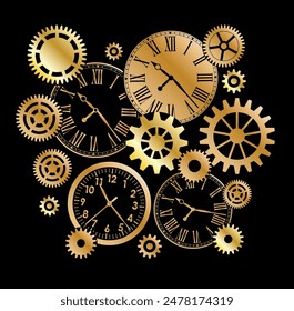 Golg metal clocks and gears and mechanisms on black background