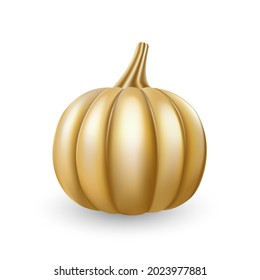 Golg pumpkin. Festive golden color Thanksgiving day design element. Glossy Modern halloween symbol and decoration. 3d realistic vector illustration isolated on white background.