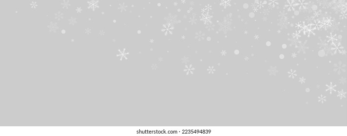Golg Snow Vector Panoramic Grey Background. Abstract Snowflake Texture. Silver Sky Backdrop. Holiday Snowfall Wallpaper.