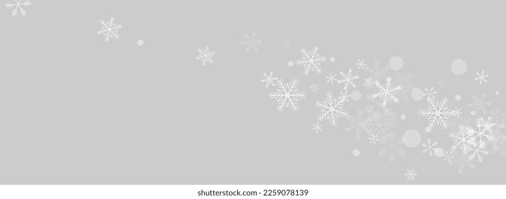 Golg Snow Vector Panoramic Grey Background. New Snowfall Banner. White Light Pattern. Abstract Snowflake Backdrop.
