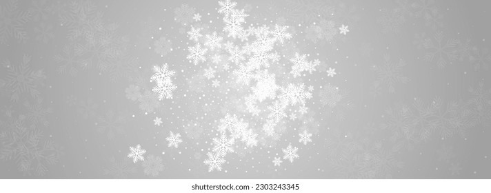 Golg Snow Vector Panoramic Grey Background. Sky Snowfall Transparent. Silver New Wallpaper. Abstract Snowflake Design.