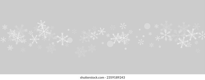 Golg Snow Vector Panoramic Grey Background. Sky Snowflake Design. Gray Christmas Wallpaper. New Snowfall Backdrop.