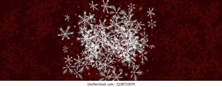 Golg Snow Vector Panoramic Red Background. Fantasy Snowfall Card. Gray Sky Backdrop. Abstract Snowflake Design.