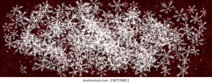 Golg Snow Vector Panoramic Red Background. Winter Snowflake Pattern. White Sky Wallpaper. Light Snowfall Card.