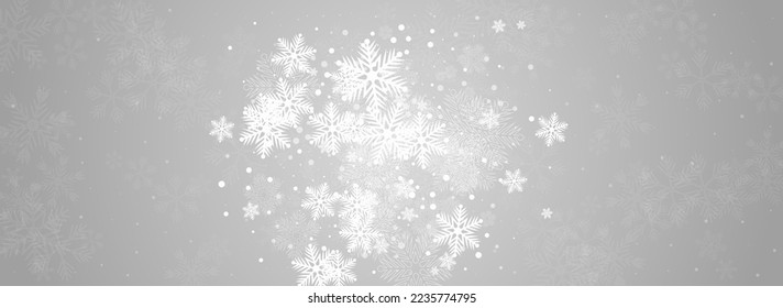Golg Snowfall Vector Panoramic Grey Background. Abstract Snow Pattern. White Xmas Holiday. Christmas Snowflake Design.