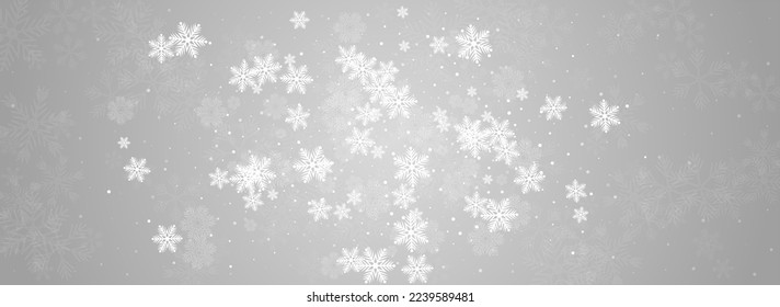 Golg Snowfall Vector Panoramic Grey Background. Light Snowflake Pattern. White New Texture. Falling Snow Transparent.