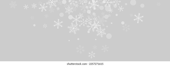 Golg Snowfall Vector Panoramic Grey Background. Abstract Snow Transparent. Silver Light Card. Fantasy Snowflake Banner.