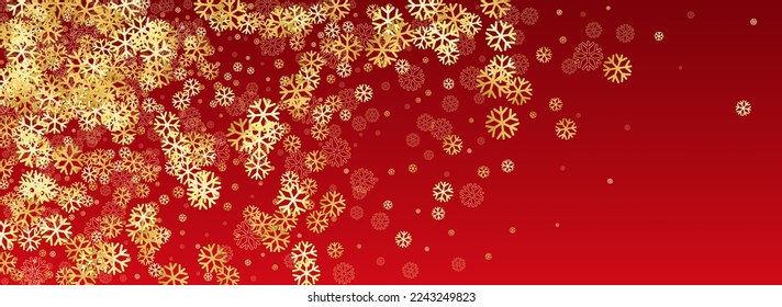 Golg Snowfall Vector Panoramic Red Background. magic Snowflake Banner. White Sky Holiday. Abstract Snow Texture.