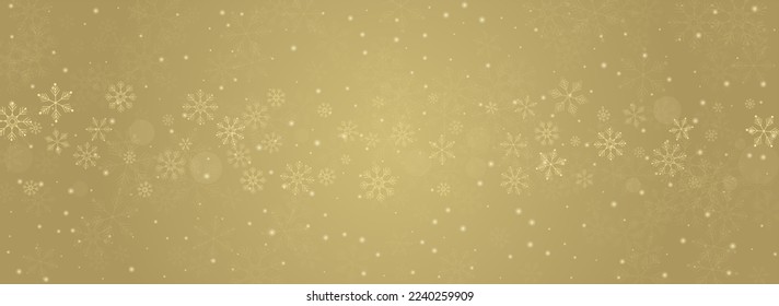Golg Schneeflocken Vektor Panorama Gold Hintergrund. Leichte Schneefall-Tapete. Grauer Weihnachtshintergrund. Zauberschneedesign.
