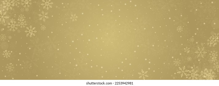 Golg Snowflake Vector Panoramic Gold Background. Winter Snow Texture. Gray Fantasy Design. Falling Snowfall Card.