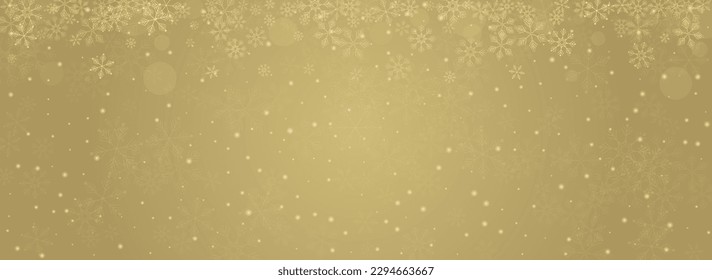 Golg Snowflake Vector Panoramic Gold Background. Falling Snowfall Holiday. White Holiday Design. Xmas Snow Card.