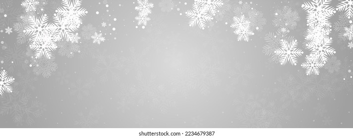Golg Schneeflocken Vektor Panorama-grauer Hintergrund. Zauberschneestextur. Graues abstraktes Banner. Sky Snowfall Transparent.