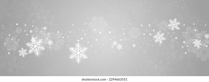Golg Snowflake Vector Panoramic Grey Background. Xmas Snow Card. Silver magic Banner. Winter Snowfall Backdrop.