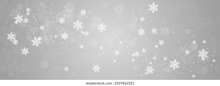 Golg Snowflake Vector Panoramic Grey Background. Falling Snowfall Wallpaper. Gray Light Banner. Holiday Snow Design.