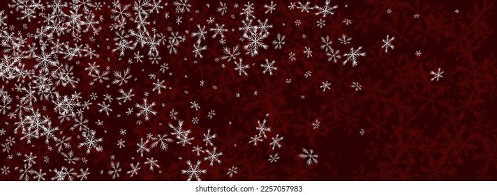 Golg Snowflake Vector Panoramic Red Background. Winter Snowfall Illustration. Silver Abstract Wallpaper. Fantasy Snow Banner.
