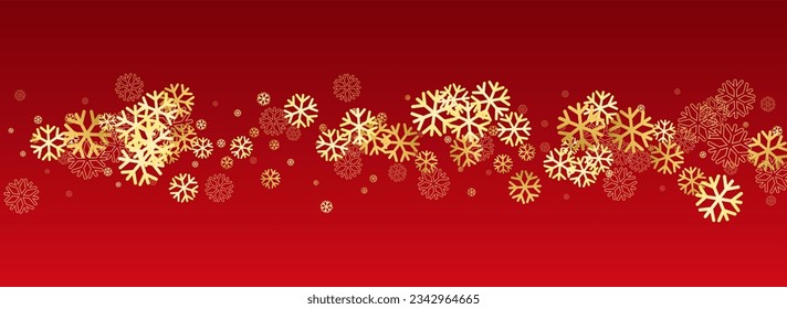 Golg Snowflake Vector Panoramic Red Background. Abstract Snow Backdrop. Gray Sky Wallpaper. New Snowfall Design.