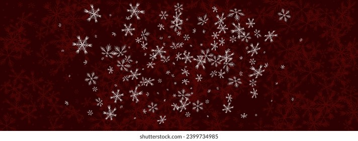Golg Snowflake Vector Panoramic Red Background. New Snowfall Texture. White Sky Transparent. Fantasy Snow Holiday.