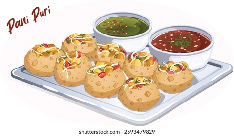 Golgappe or Pani Puri Tray with Tamarind and Mint Chutneys. Puries Filled with Chickpeas, Potatoes, Tomatoes, Coriander and Raddishes. Indian Street Food Detailed Art.