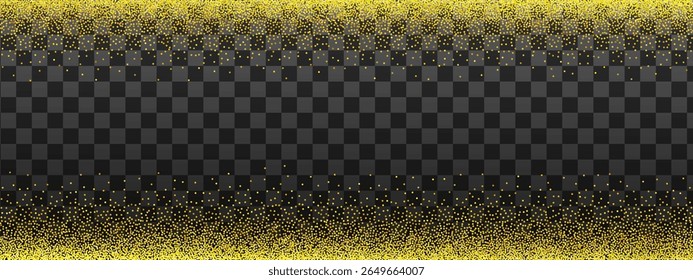 Golgen confetti overlay. Horisontal template with glittering effect. Noise grain background. Trendy templates with gold colored dust particles. Gradient diffuse dots.Vector glitter effect
