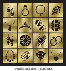 Golgen luxury jewelry icons set. Ring jewelry and diamond symbol, vector illustration