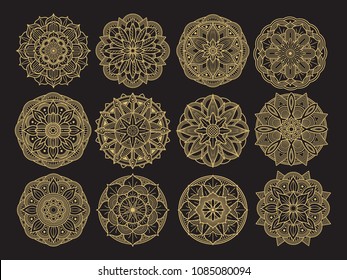 Golgen mandala set design. Asian, arabian, korean decorative flower mandala collection. Pattern element ornament circle of set illustration